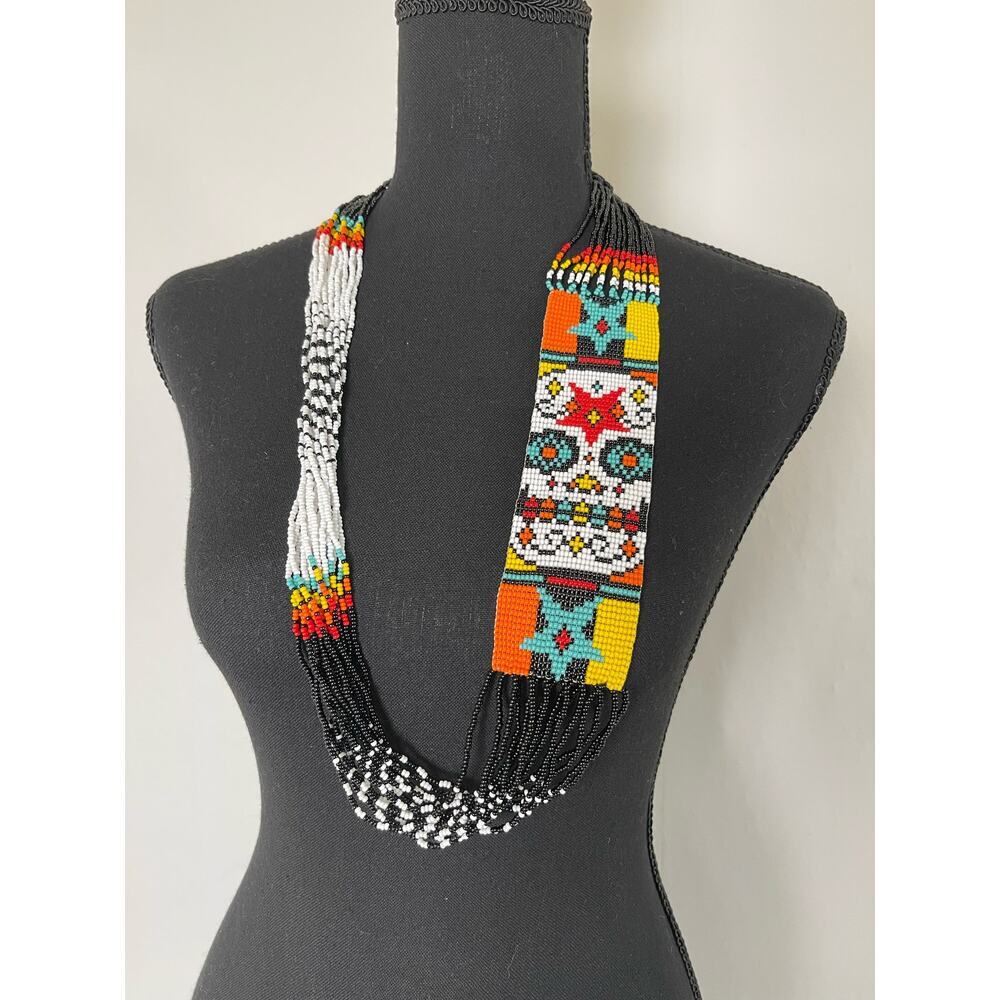 NEW Skull Catrina Beaded Versatil Neckless or Belt Black Multicolored 34 in